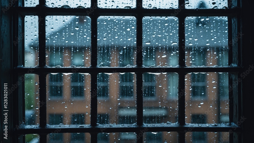 Poster rain droplets on a window pane with a blurred view of a brick building in the background on a rainy 