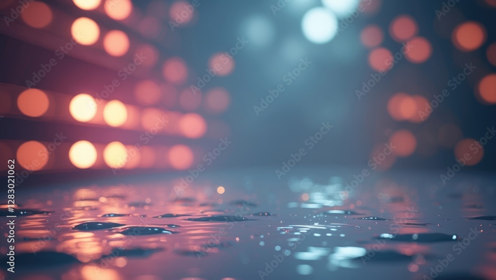 Poster abstract water surface with reflections of colorful bokeh lights in a misty environment at night