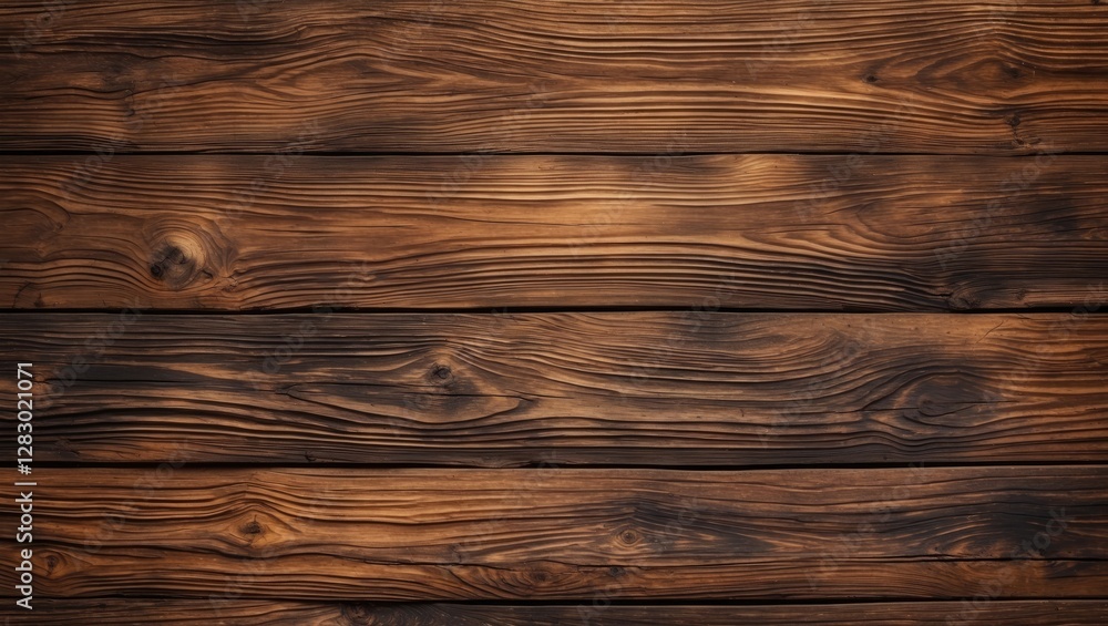 Poster dark stained wooden planks background texture with visible grain patterns and knots suitable for des