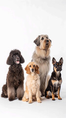 Fototapeta premium group of puppies on white, Multiple dogs of different breeds sitting in a row on a white background