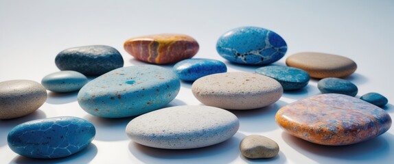Colorful smooth stones arranged on a white surface with natural reflections and shadows showcasing various shades and textures