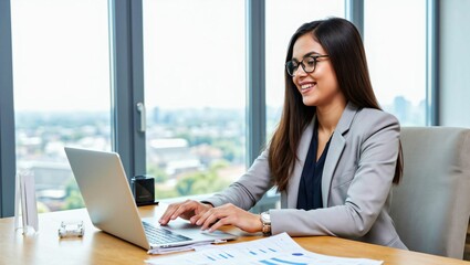 Confident Businesswoman Working on Laptop in a Bright Modern Office with City View