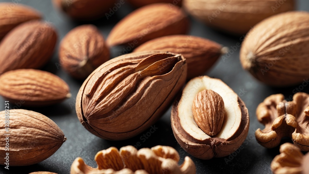 Poster close-up of assorted nuts including almonds and walnuts on a dark background showcasing their natura