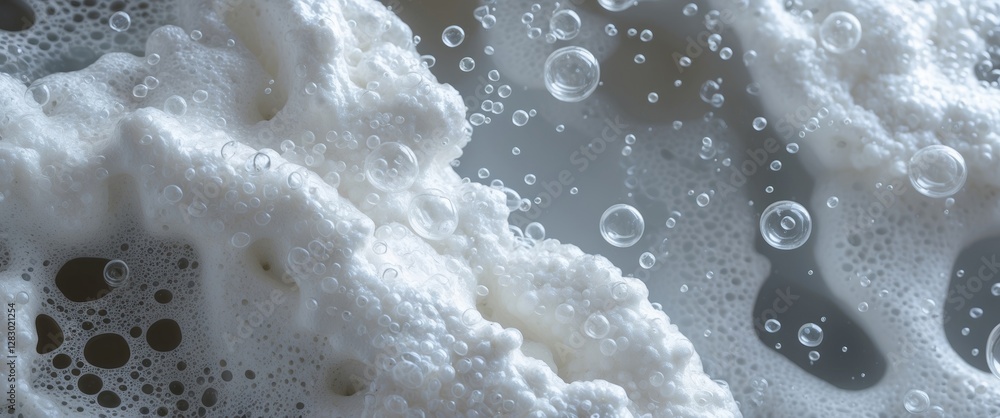 Poster close-up of creamy foam with bubbles in soft focus on a blurred background