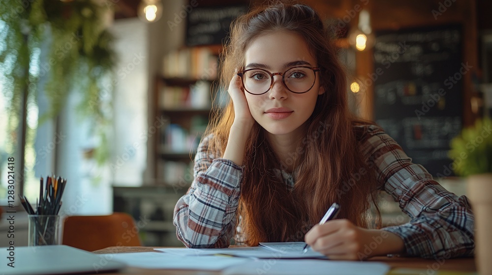 Poster education and internship concept with female student solving math problem in university classroom fo