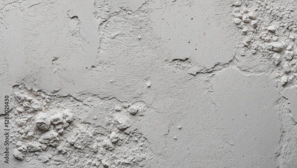 Poster textured white wall surface with cracks and uneven patches of plaster or paint in grayscale close-up