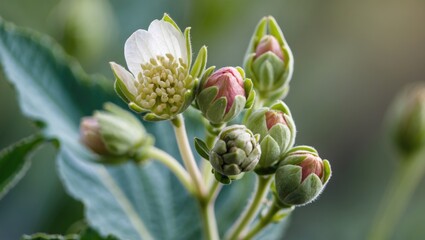 Close-up of flower buds and blooms on a leafy plant with soft focus background in natural light