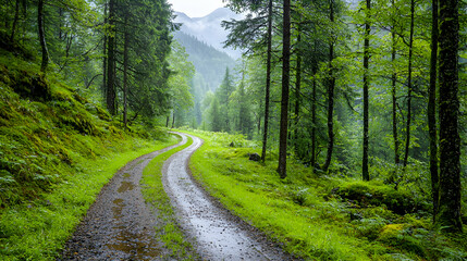 Fototapeta premium Winding forest road, rain, mountains, nature