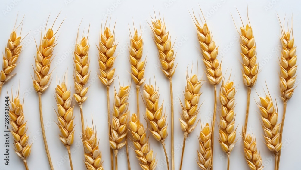 Poster golden wheat ears arranged on a white background displaying texture and agricultural elements in a m