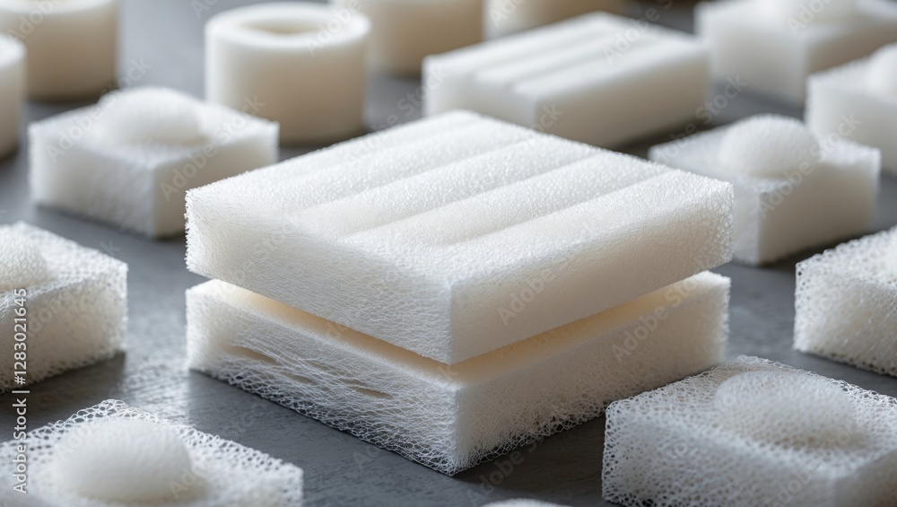 Poster white foam pads arranged in various shapes and sizes on a grey surface design and texture background