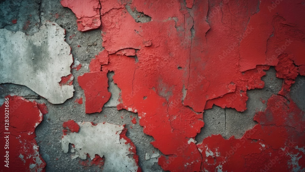 Poster peeling paint texture on a concrete wall with red and gray colors creating an abstract pattern