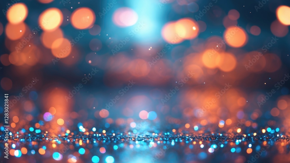 Aufkleber blue and orange bokeh lights with water droplets on a reflective surface creating a blurred abstract