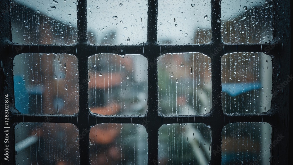 Poster rain droplets on a grid window with blurred urban background during a cloudy day