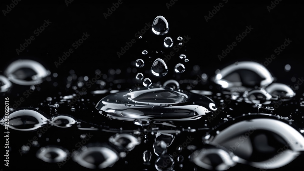 Aufkleber high resolution close-up of water droplets splashing on metallic surface with ripples and reflection