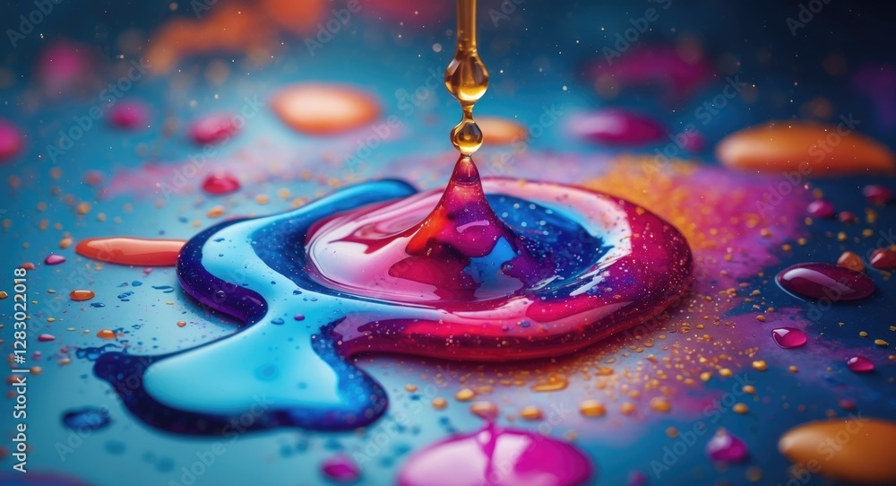 Poster abstract colorful liquid paints with droplets and sparkles on a smooth surface creating a visually d
