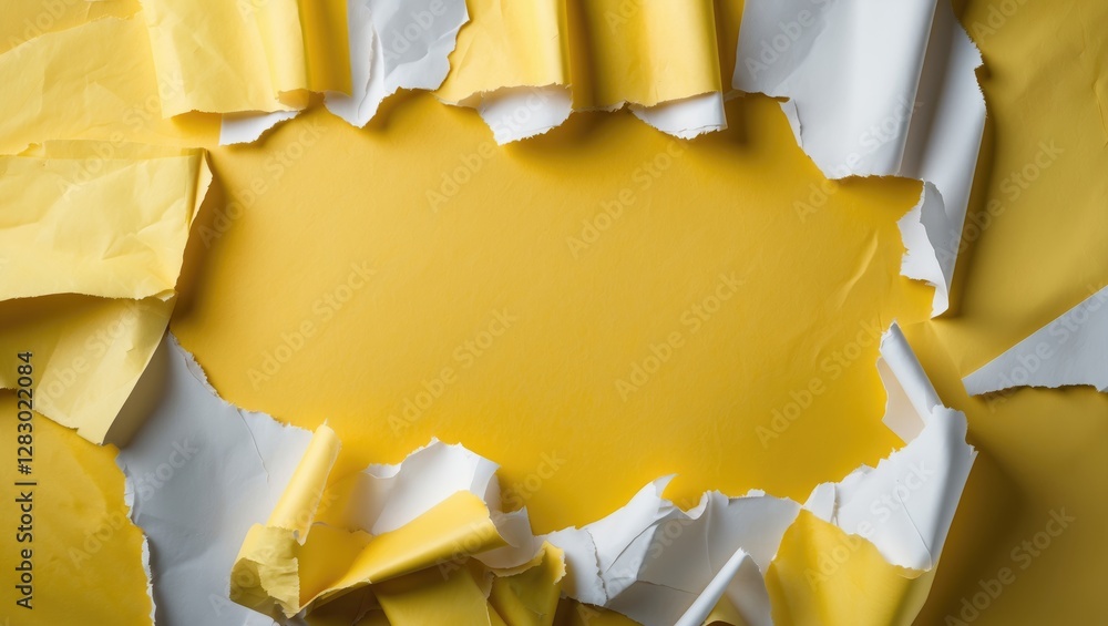 Poster torn paper texture with yellow background and white edges creating a blank space for text or design 