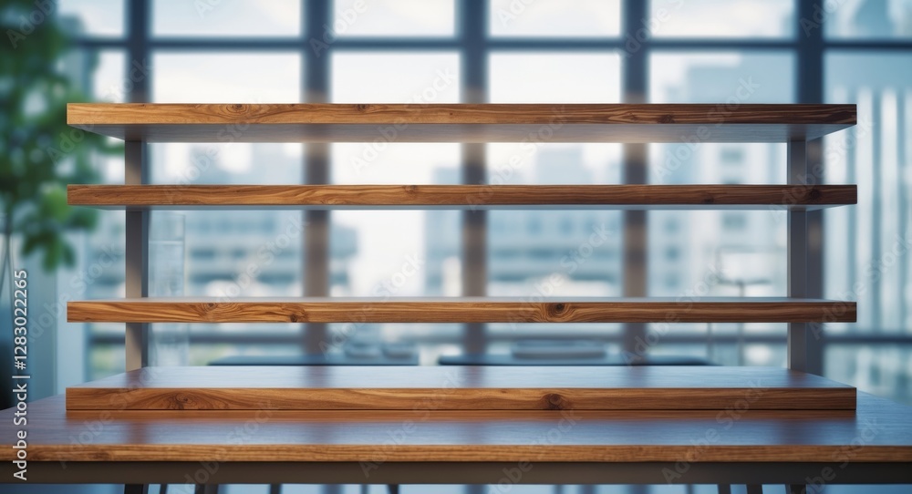 Aufkleber wooden display shelving unit with multiple layers in a modern office interior featuring large window