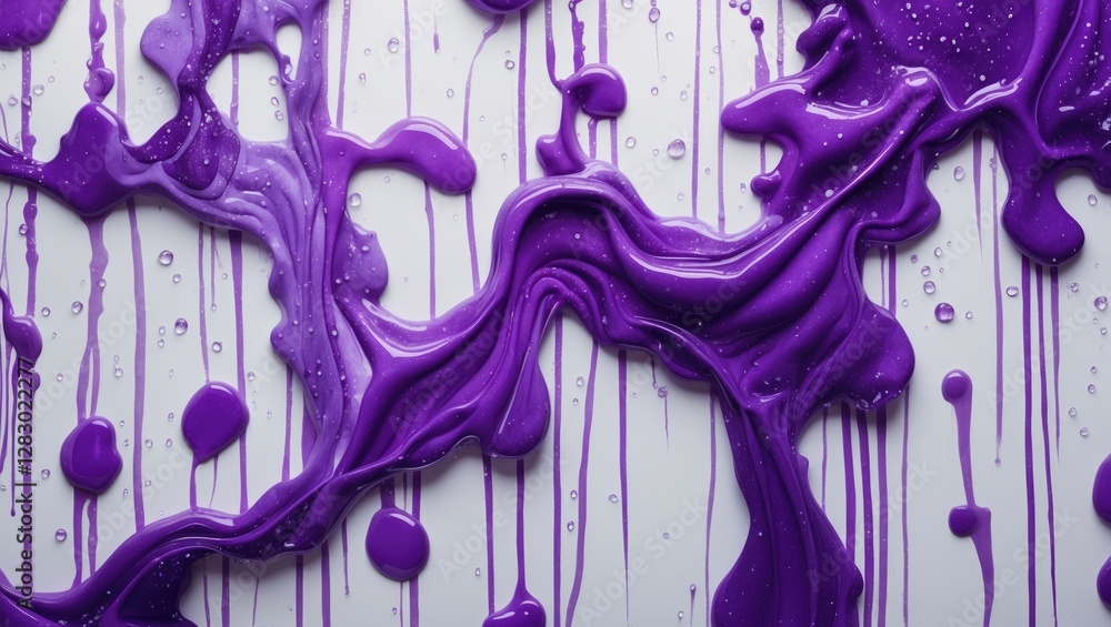 Poster liquid purple paint with glossy texture dripping on white surface creating abstract patterns and sha