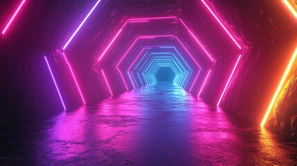 Fototapeta premium futuristic glowing neon hexagon tunnel with digital light lines and geometric illuminated pattern creating a sci-fi cyber space background with vibrant dynamic energy