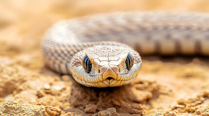 Obraz premium Close Up Portrait of a Brown Snake with Detailed Scales and Focused Eyes in Desert Sand
