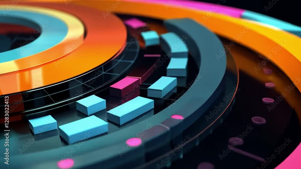 Poster technological rings: a vibrant, colorful array of interconnected technological rings and digital ele
