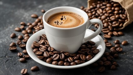 Obraz premium Coffee cup surrounded by coffee beans with a burlap bag in the background on a dark textured surface