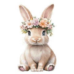 Adorable fluffy rabbit with floral crown sitting gracefully on a white background