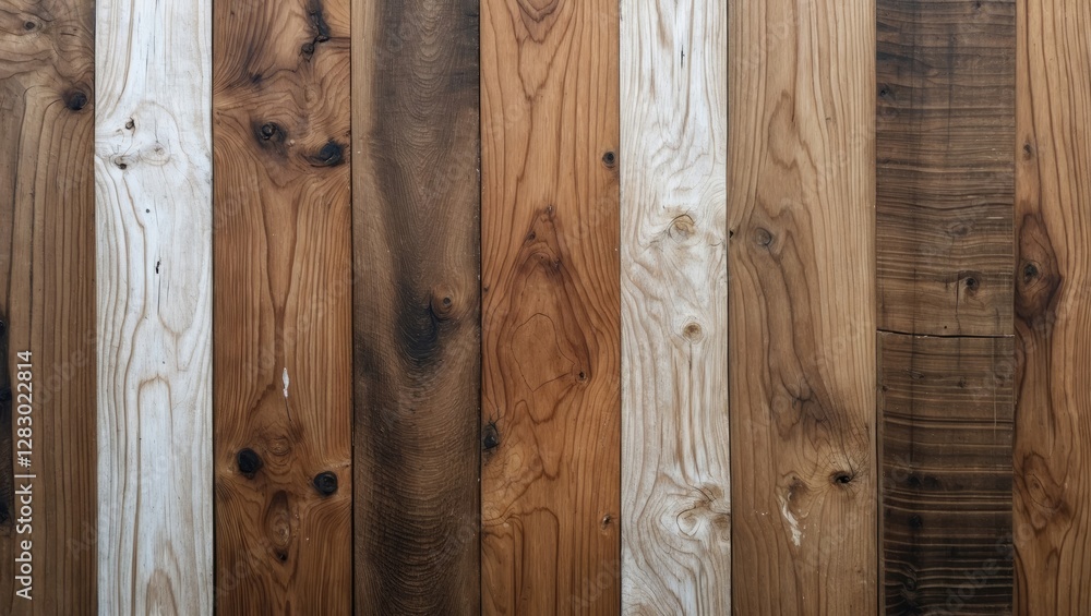 Poster assorted wooden planks of different colors and textures arranged vertically on a surface for backgro