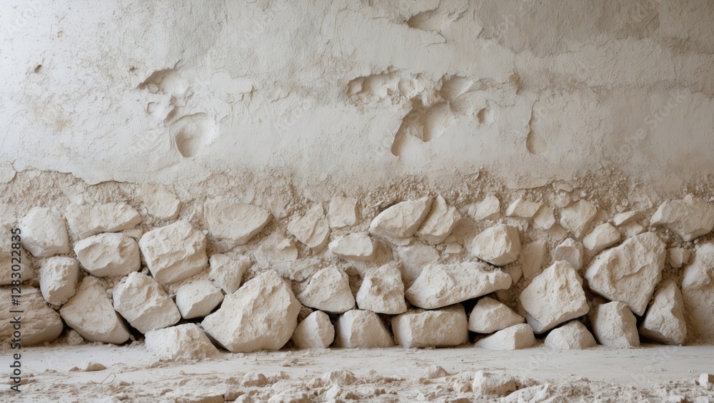 Poster textured wall with uneven surface and layered white rocks at the base creating a natural earthy back