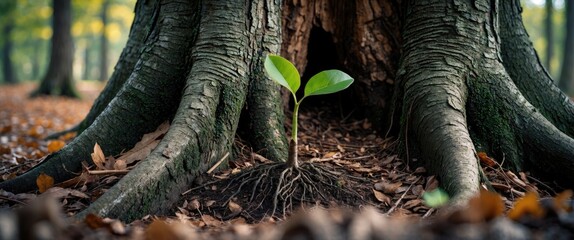 New green plant sprouting from soil at the base of an old tree trunk in a forest during autumn with fallen leaves on the ground