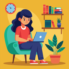 a girl is using his laptop vector	
