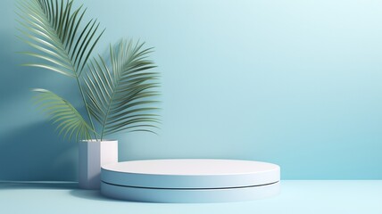 Obraz premium Serene oasis: a minimalist display featuring lush palm fronds against a tranquil light blue backdrop, showcasing a gentle curve of a pale blue pedestal.