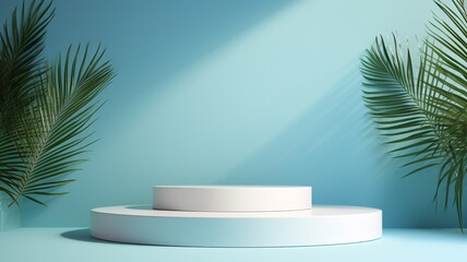 Obraz premium Serene summer oasis: a minimalist two-tiered display bathed in soft sunlight against a tranquil light blue backdrop, accented by lush tropical palm fronds.