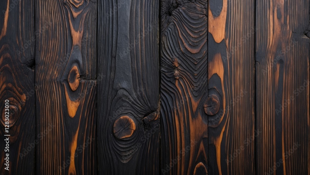 Poster blackened wood texture with natural grain patterns and variations in color tones, suitable for backg