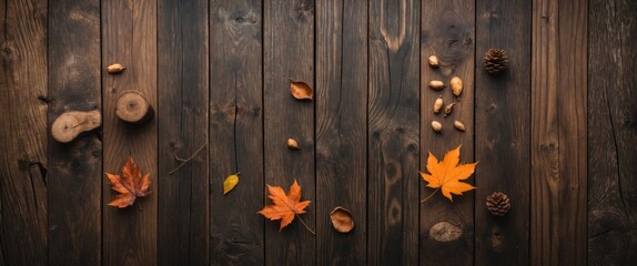 Autumn leaves nuts and pine cones arranged on dark wooden planks in a flat lay composition. Natural seasonal elements on wood background.