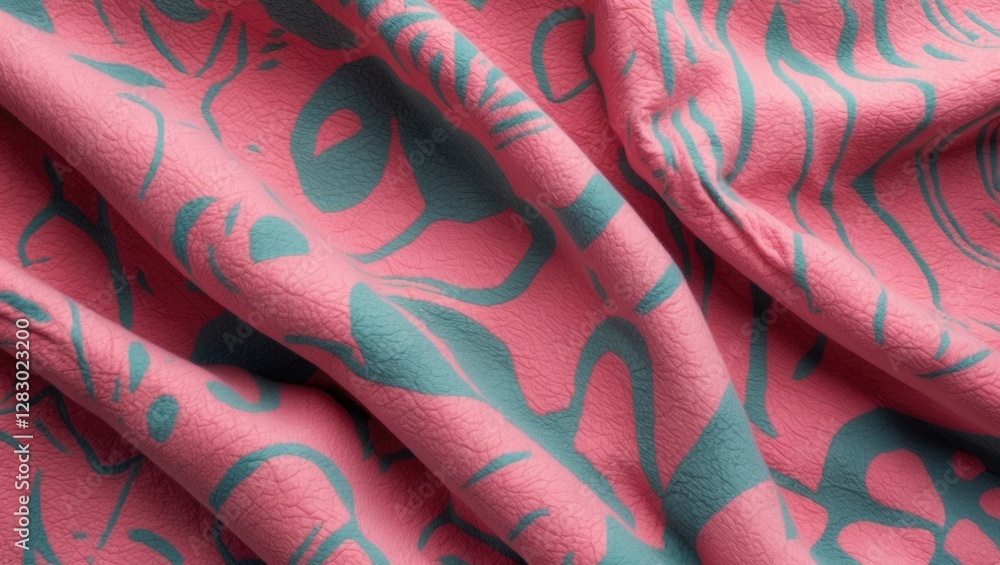 Poster pink and teal fabric texture with abstract patterns and folds creating a dynamic visual composition