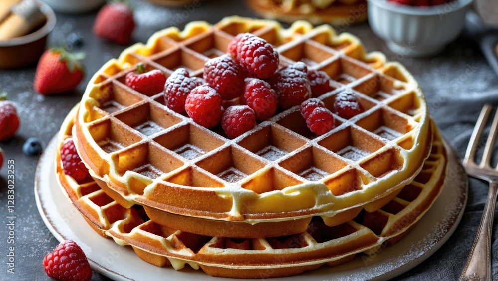 Poster freshly made waffles topped with powdered sugar and ripe raspberries on a plate with additional berr