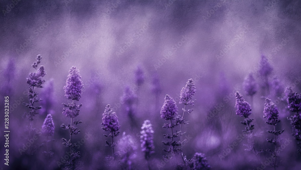 Poster purple wildflowers in a soft focus background with a textured look creating a dreamy atmosphere in n