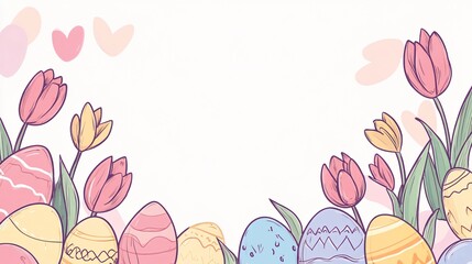 A cute cartoon-style frame made of illustrated Easter eggs and stylized tulips, outlined in a soft pastel color palette