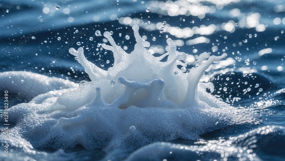 Poster water splash with foam in ocean revealing droplets and bokeh effect on surface reflecting sunlight i