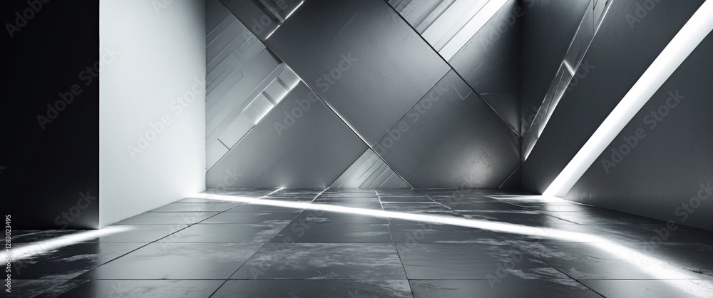 Poster abstract interior with angular metallic surfaces and contrasting lighting creating a modern and mini