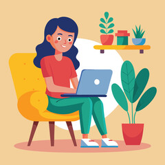 a girl is using his laptop vector	
