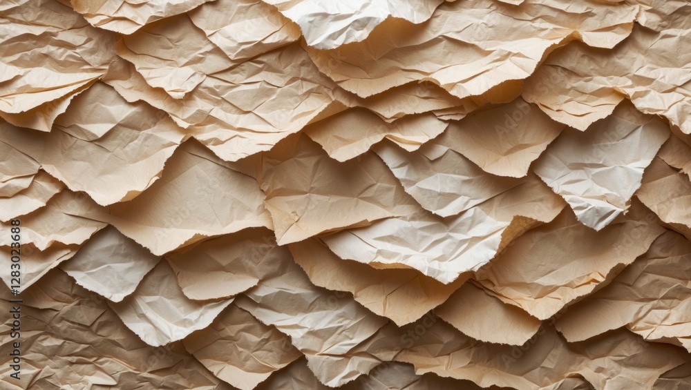 Poster textured background of crumpled paper in shades of beige and white arranged in overlapping layers di