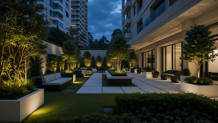 Obraz premium Serene evening oasis: Modern city courtyard bathed in soft warm light, featuring minimalist seating and lush greenery.