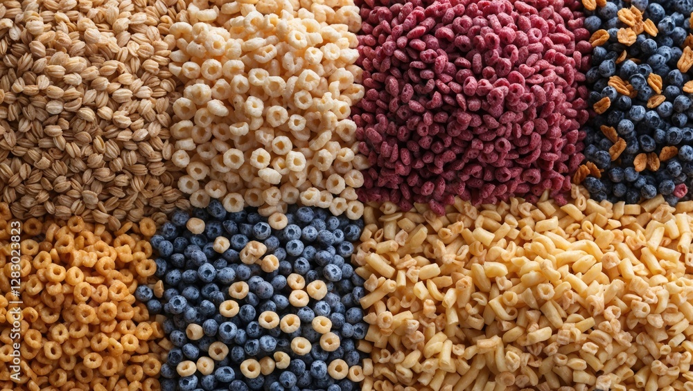 Poster various types of cereal and pasta arranged in a grid pattern showcasing distinct colors and textures