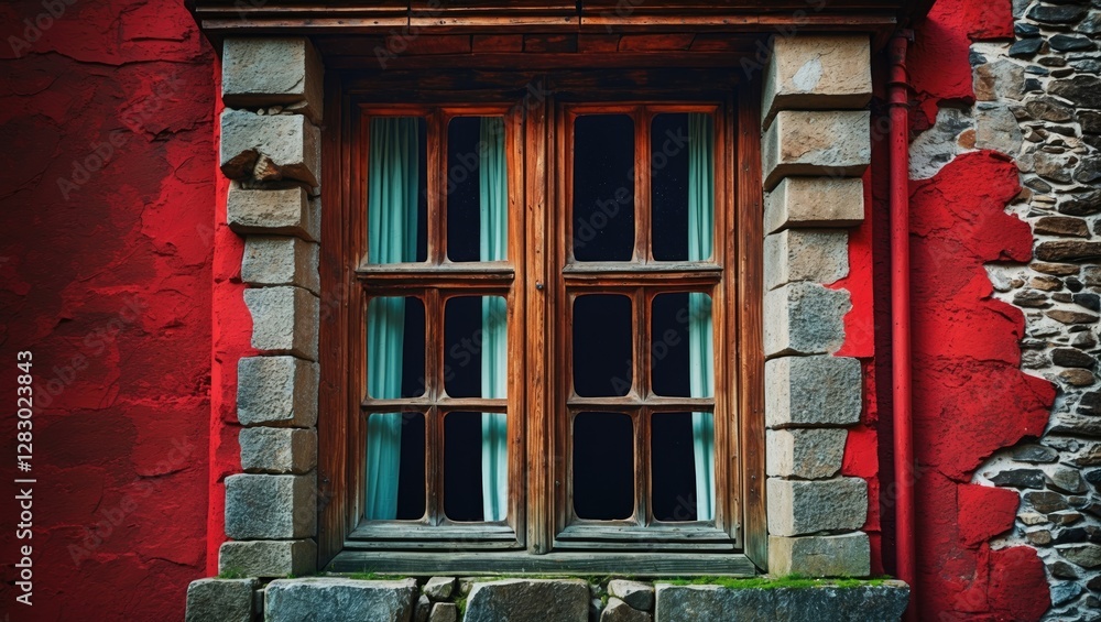 Poster old wooden window with stone frame on a red textured wall with curtains visible inside. architectura