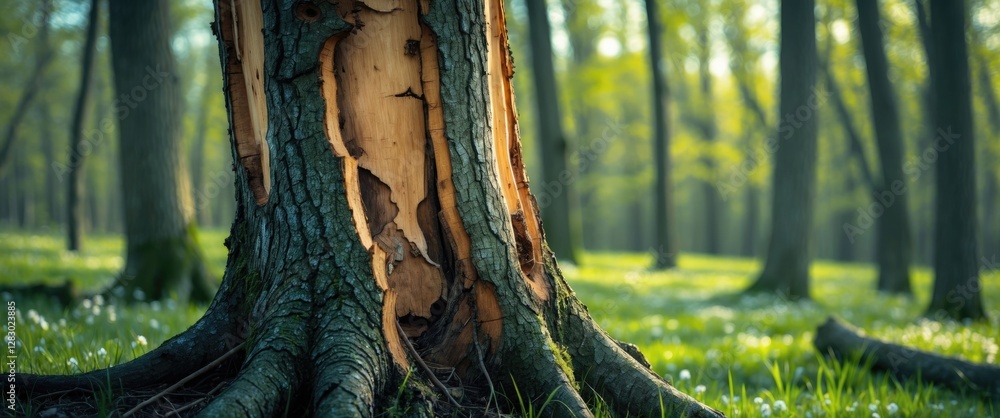 Aufkleber close-up of a tree trunk with peeling bark in a green forest landscape during daylight hours with so