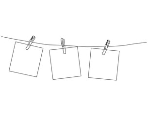 Continuous one line drawing of photo frame with clips. One line drawing illustration of photo frame hanging on the rope. National photography day concept single line. Editable outline