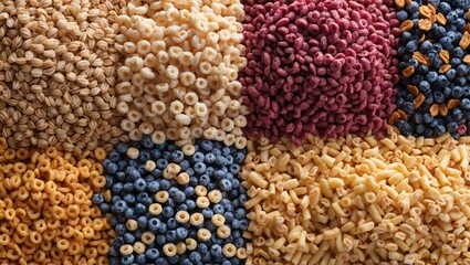 Various types of cereal and pasta arranged in a grid pattern showcasing distinct colors and textures of grains and pasta shapes