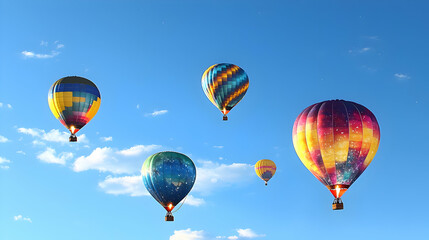Fototapeta premium Colorful Hot Air Balloons Floating Against a Bright Blue Sky with White Fluffy Clouds